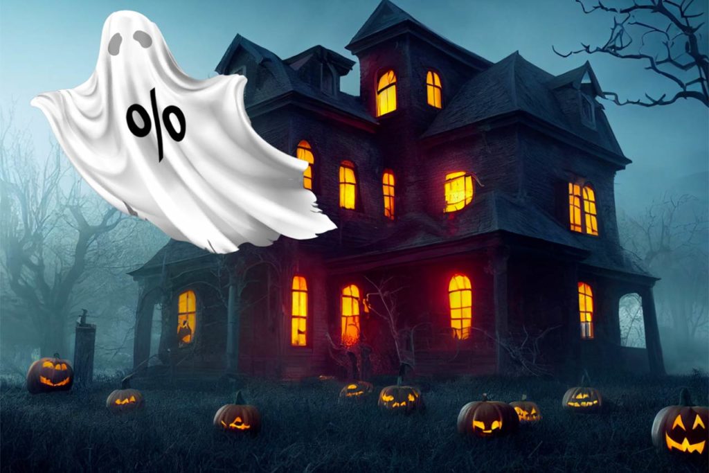 Photo of a ghost in front of a haunted house