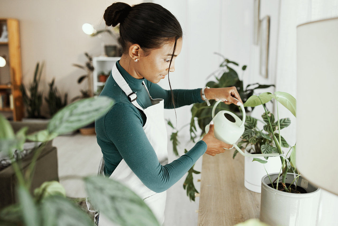 Woman watering plates in in living room stock photo